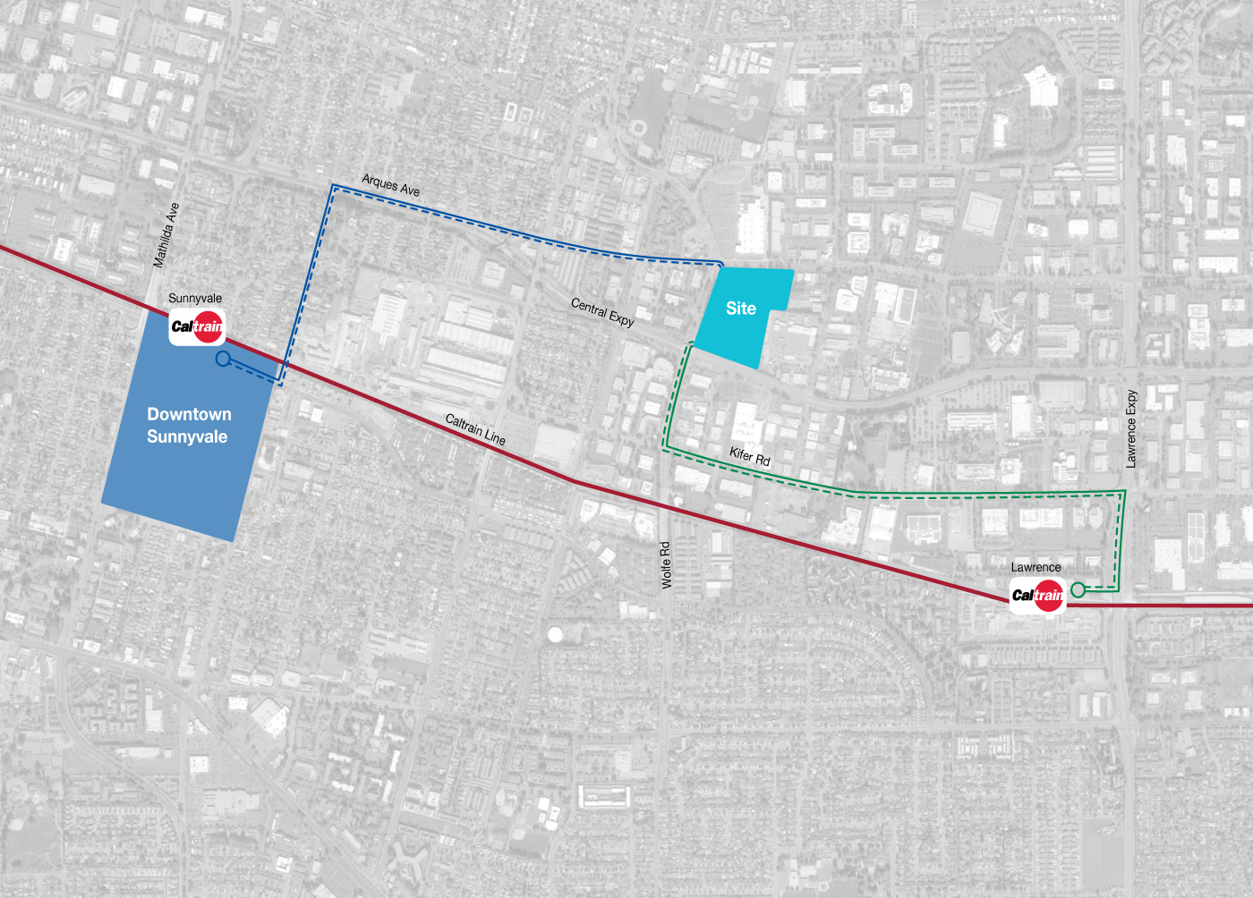 Map of Central & Wolfe campus' proximity to public mass transportation